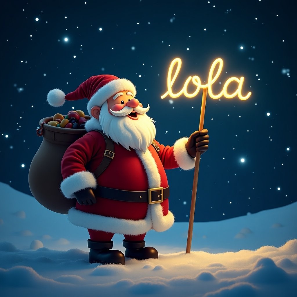 This image features a cheerful Santa Claus standing in a snowy landscape. He is holding a sign that glows with the name 'Lola' in bright letters. The background showcases a starry night sky, enhancing the magical atmosphere. Santa is dressed in his classic red and white suit, and a sack of gifts is slung over his shoulder. Snowflakes softly fall around, creating a festive scene. This illustration captures the joy and whimsy of the holiday season.