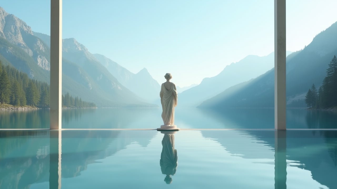 The image depicts a serene landscape featuring a statue placed near a calm lake surrounded by mountains. The water reflects the statue and the distant mountains, creating a harmonious and tranquil scene. Soft blue and green hues dominate the image, enhancing its peaceful vibe. Natural light bathes the area, contributing to the serene atmosphere. This artwork invites viewers to contemplate beauty and nature in a unique setting.