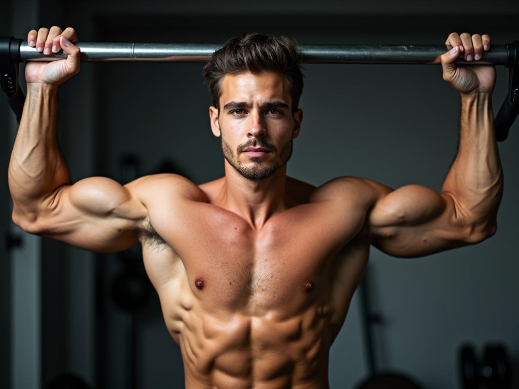 A muscular man lifting a barbell is captured in a gym setting, exuding power and determination. His well-defined muscles and focused expression highlight the physical effort and discipline associated with weightlifting. The image conveys a sense of strength and fitness.