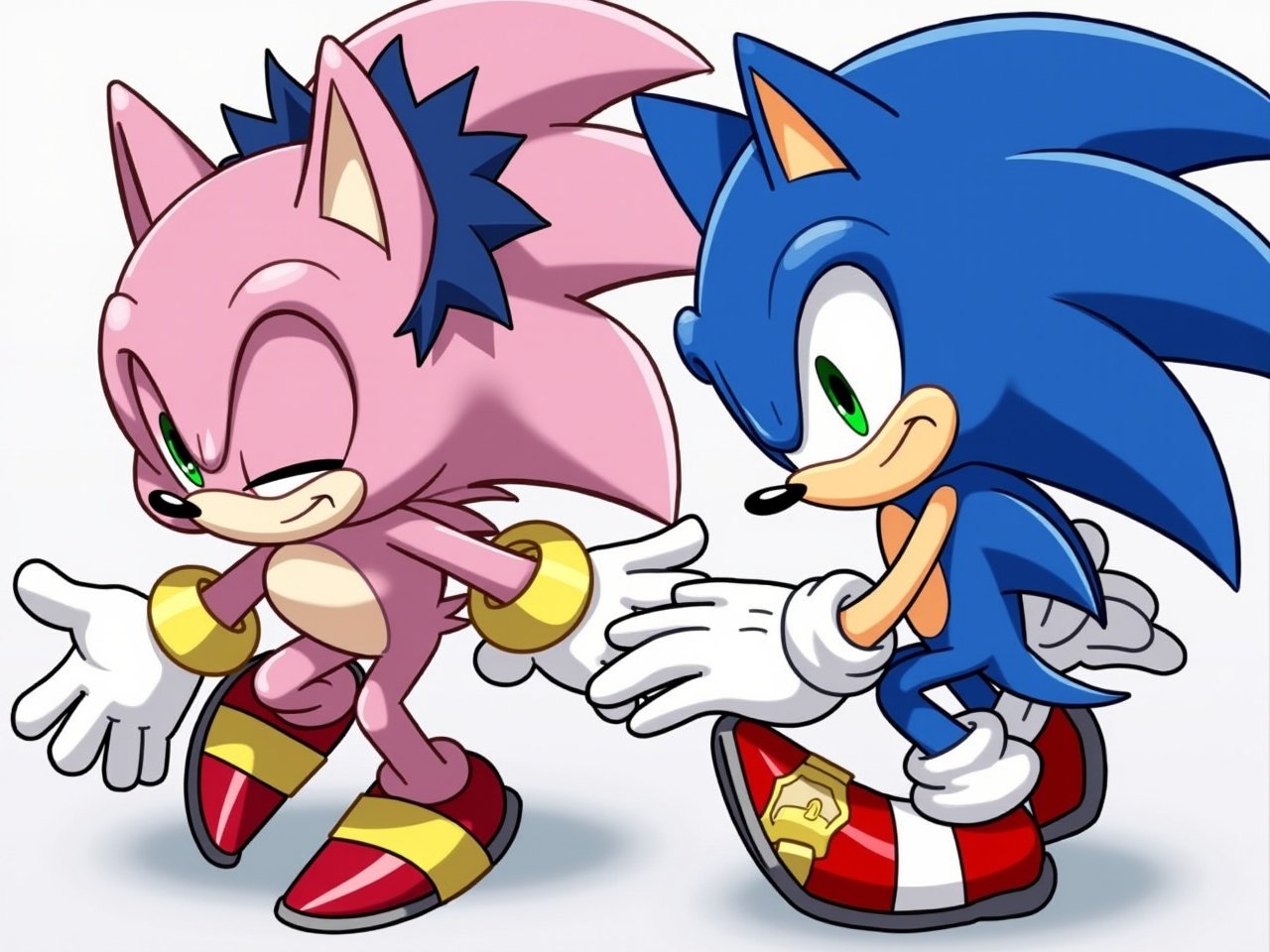 The image features two iconic characters from the Sonic the Hedgehog franchise. Sonic, the blue hedgehog, and a pink hedgehog character are shown walking side by side. They are illustrated in a vibrant and playful style. Their expressions convey confidence and playfulness. The colors are bright and engaging, ideal for attracting fans of all ages.