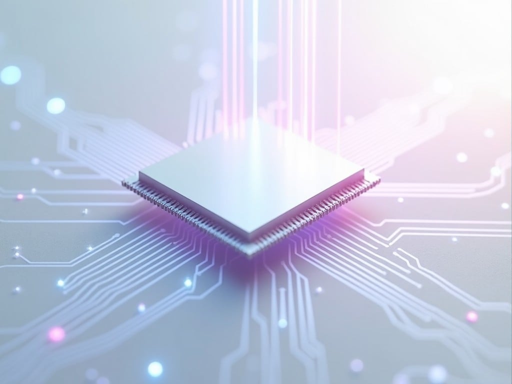 This image features an elegant white FPGA chip located at the center of a pristine circuit board. Delicate light blue traces emanate outward from the chip, showcasing a connection to the circuit. Soft, ethereal light beams rise from the central processor, highlighting the precision engineering typical of Numato Labs. Subtle pink accents add depth without compromising the clean, professional appearance of the design. The entire scene is set against a white gradient background, offering a sense of crystalline clarity.