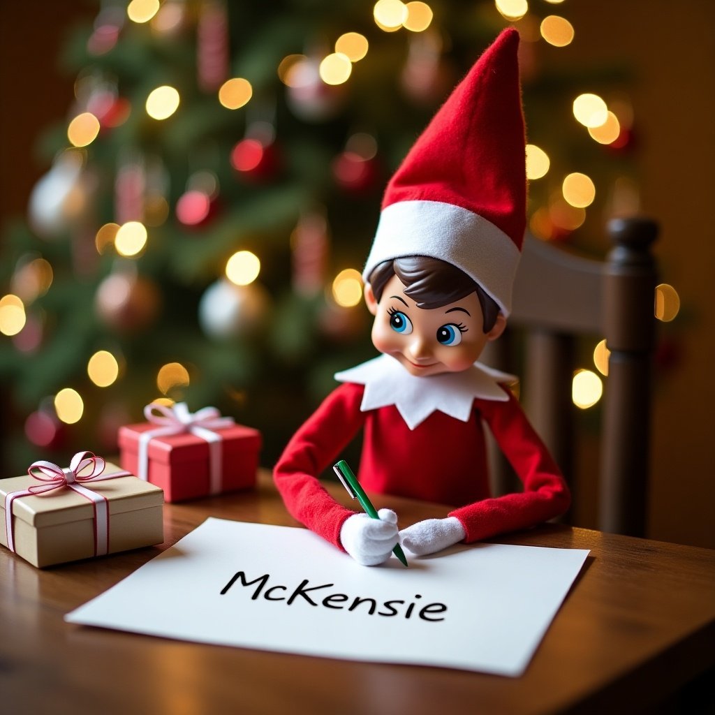 This image features an adorable Elf on the Shelf character sitting at a wooden table, intently writing the name 'McKenzie' on a white sheet of paper. The elf is dressed in a bright red outfit with a classic white collar and a pointed red hat. In the background, there is a beautifully adorned Christmas tree with sparkling lights casting a warm glow over the scene. The atmosphere feels festive and whimsical, perfect for capturing the magic of the holiday season. There is also a small gift box next to the elf, adding to the charm of the setting.