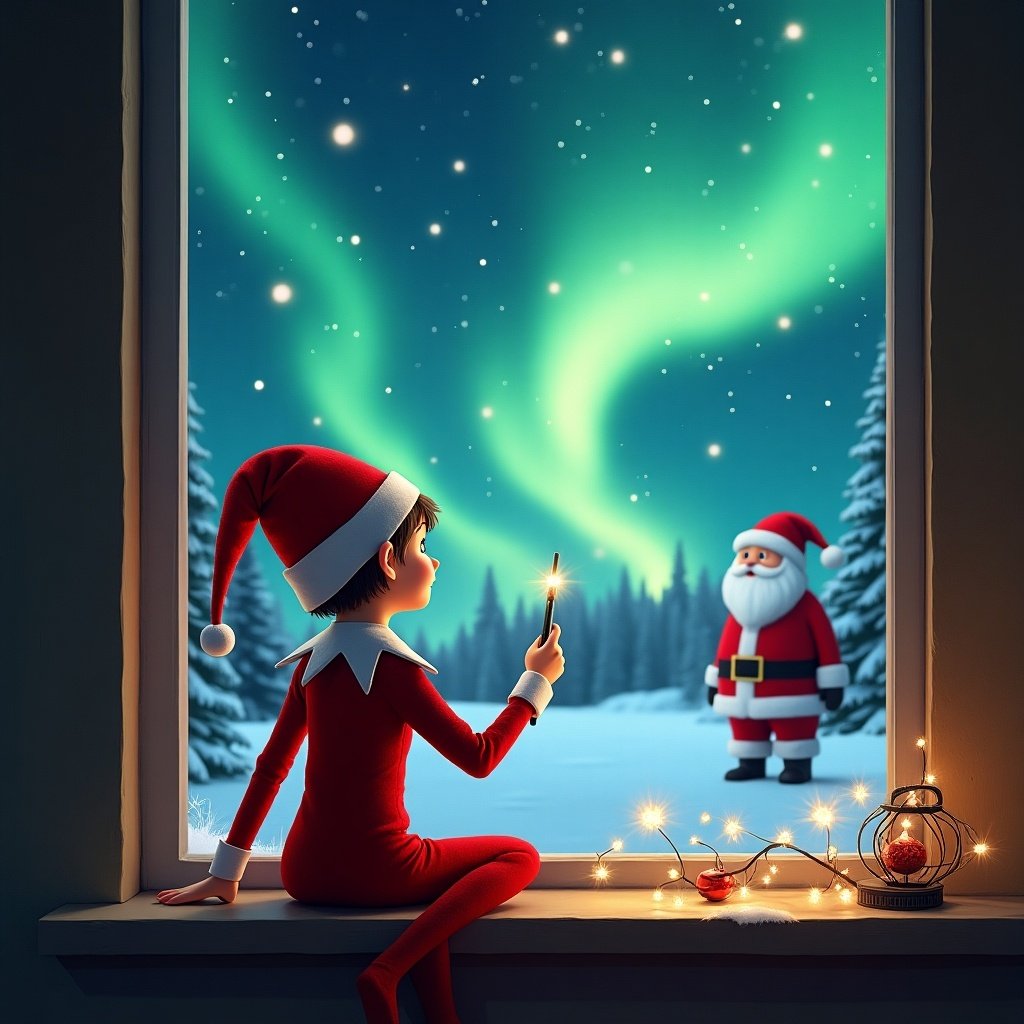 A whimsical scene featuring an elf on the shelf, dressed in bright red, sitting on a windowsill. The elf is facing away from the viewer, using a wand to write in the night sky. Outside, a breathtaking display of northern lights dances across the sky. In the distance, Santa Claus stands, adding to the magical atmosphere. The words 'Carsynn and Brooklynn see you soon!' sparkle above, capturing the essence of Christmas wonder. The cozy indoor setting contrasts beautifully with the enchanting outdoor scene of winter. This illustration evokes joy and holiday spirit.