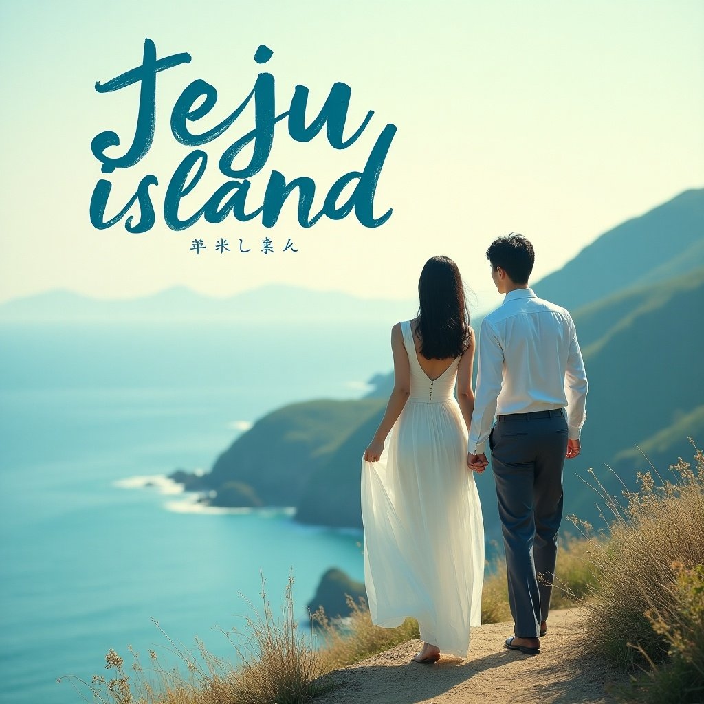 The image depicts a beautiful scene on Jeju Island, showcasing a romantic couple walking hand in hand along a scenic pathway. They are dressed elegantly, with the woman in a flowing white dress, embodying the beauty of the moment. The lush landscape and serene ocean backdrop enhance the idyllic atmosphere of Jeju Island, which is celebrated for its picturesque views. The overall mood evokes feelings of love and tranquility, inviting viewers to imagine a perfect getaway. Jeju Island is depicted as a paradise for couples seeking romance and adventure.