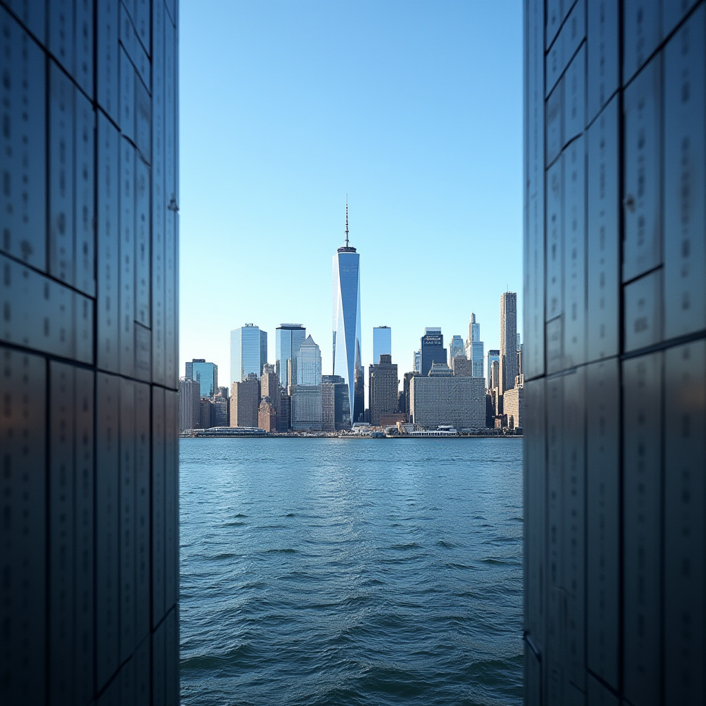 A picturesque view of the New York City skyline with the One World Trade Center prominently visible over the water.