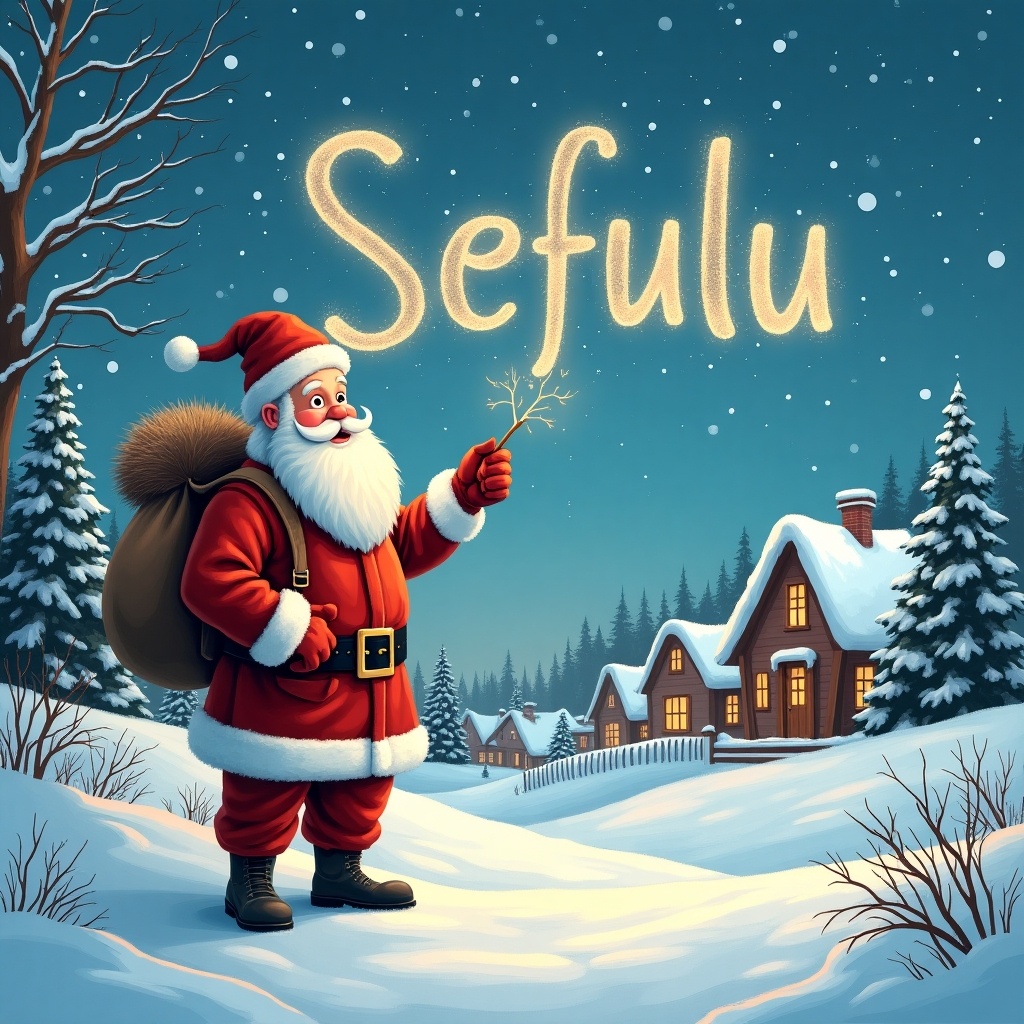 This image features Santa Claus in a snowy village setting. He is joyfully writing 'Sefulu' in the sky with a sparkling stick. Santa is dressed in his traditional red outfit with a warmly smiling face. The village is adorned with cozy homes, decorated for the season, and surrounded by tall pine trees. The atmosphere is festive, capturing the spirit of Christmas and the joy of giving.