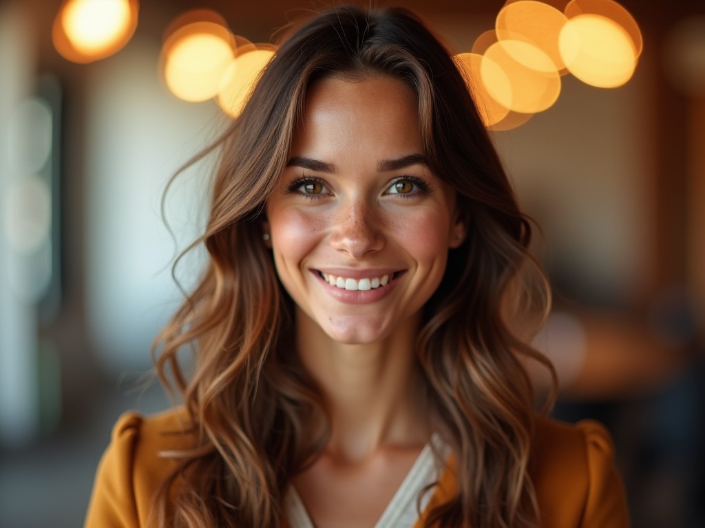 portrait of a smiling woman with blurred lights in the background, warm tones