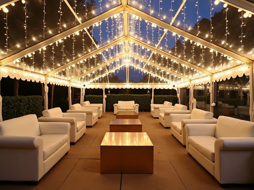 This image depicts a beautifully decorated outdoor tent space intended for events. The interior features elegant white couches arranged around a central gold coffee table. Delicate fairy lights hang overhead, creating a warm and inviting ambiance. The overall atmosphere is cozy and sophisticated, perfect for gatherings such as weddings or corporate events. The backdrop consists of lush greenery, enhancing the serene vibe of the space.