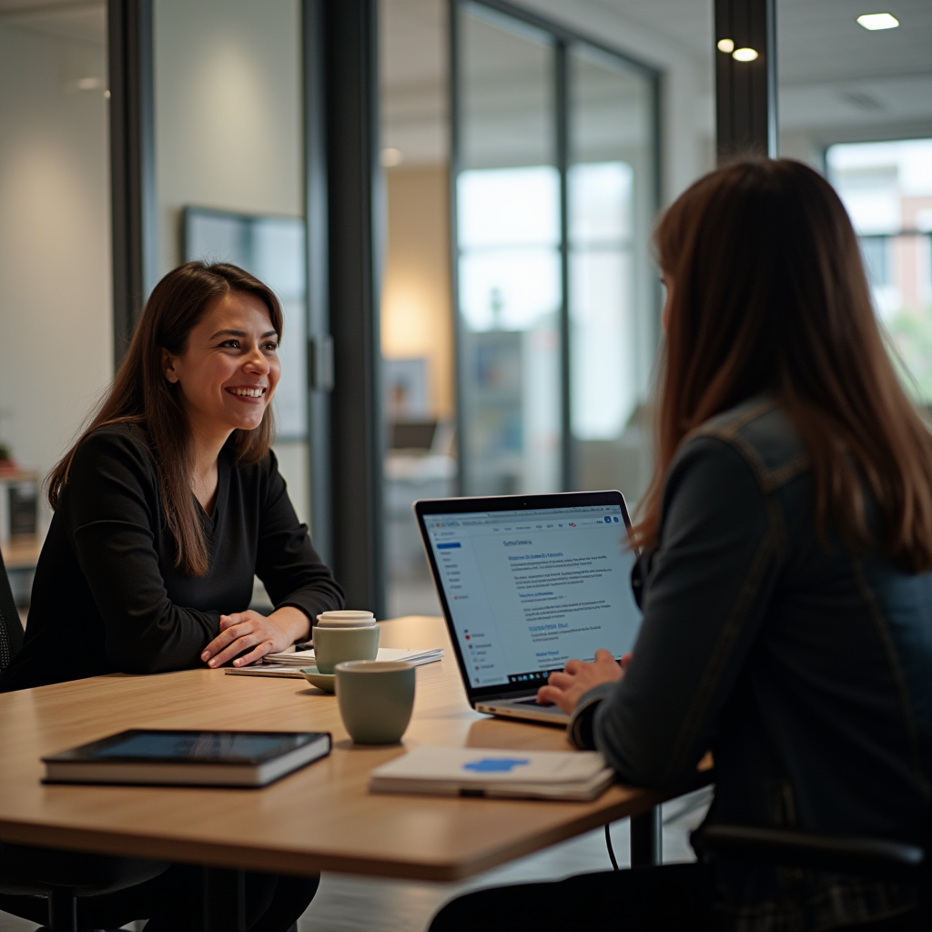 Two women sit at a table in an office, one smiling as the other works on a laptop.