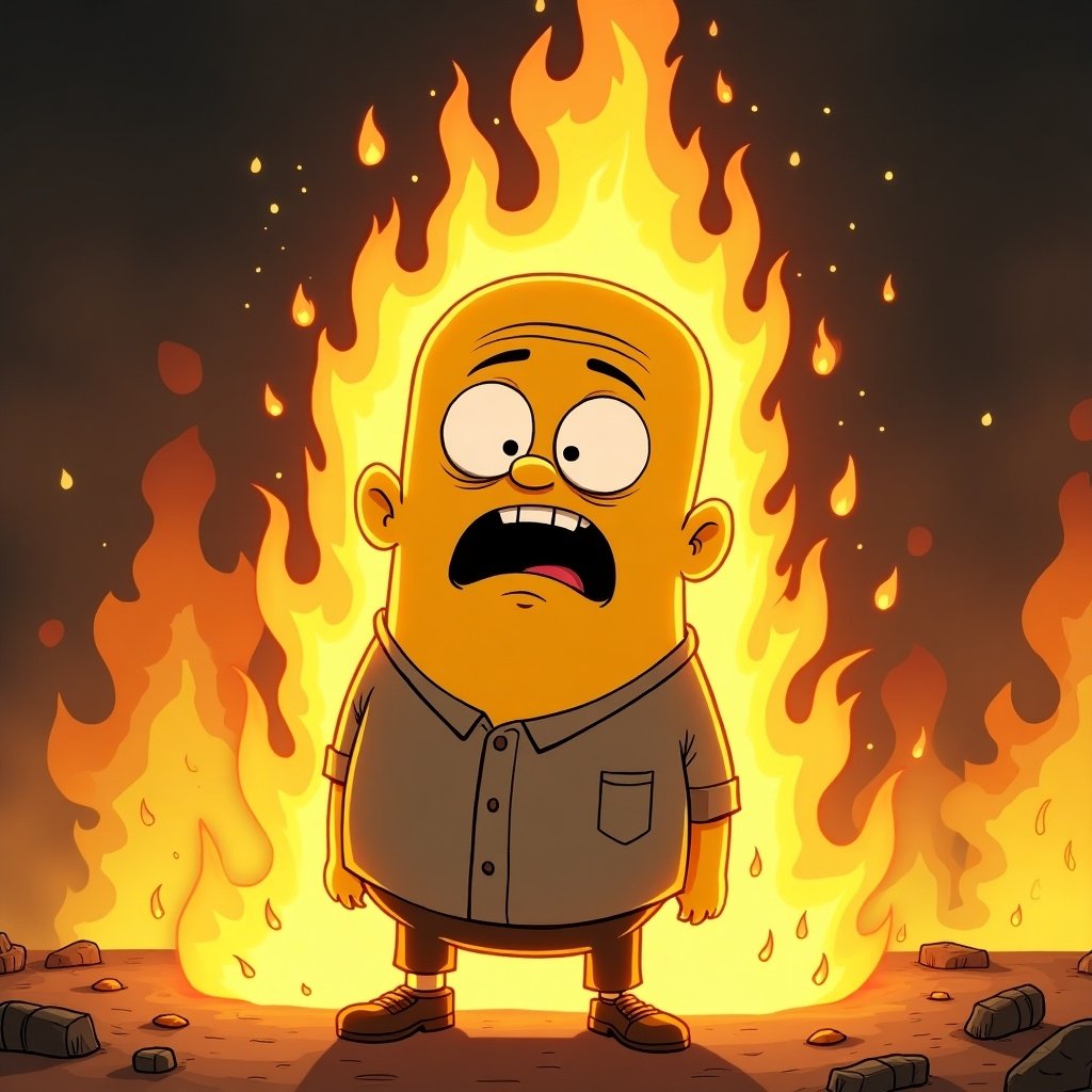 The image depicts a round, bald cartoon character standing in front of a backdrop of intense flames. The character appears surprised and a bit frightened, with wide eyes and a mouth agape. His shirt is simple and gray, adding to the contrast against the fiery background. The flames rise dramatically, creating a dynamic scene. This visual captures a humorous take on an intense situation, typical of animated storytelling. The warmth of the flames contrasts sharply with the simplistic design of the character.