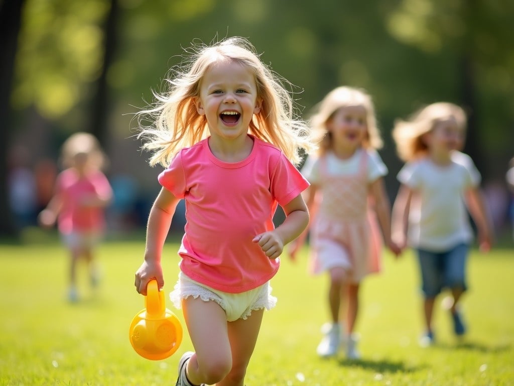 A joyful seven-year-old girl with long blonde hair is running through a sunny park. She wears a cheerful pink t-shirt and a bulky diaper while holding a bright yellow toy. Her long hair flows behind her as she smiles broadly, radiating happiness. In the background, other children are playing, slightly out of focus, emphasizing her as the main subject. The scene captures a moment of carefree childhood joy in a vibrant outdoor setting.