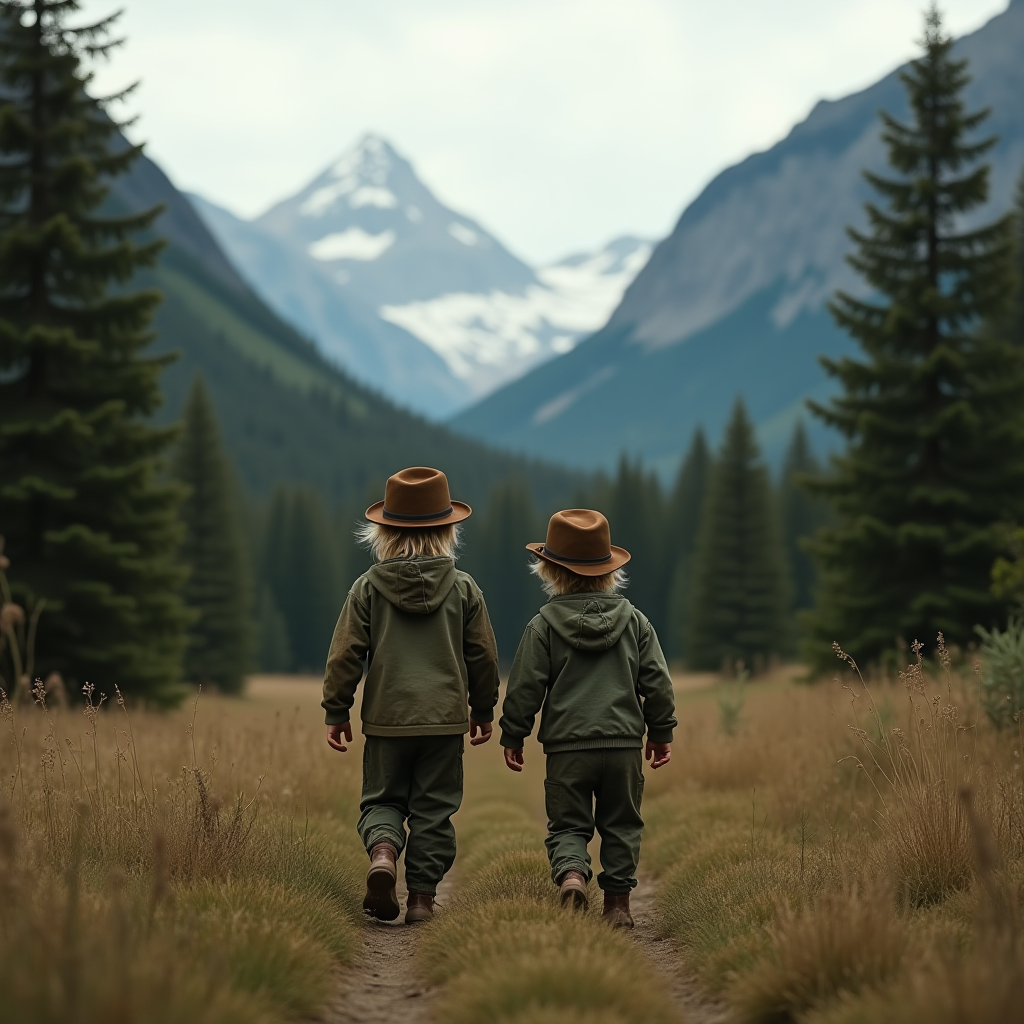 Two children walk through a picturesque mountain landscape wearing matching outfits and hats, evoking a sense of adventure.