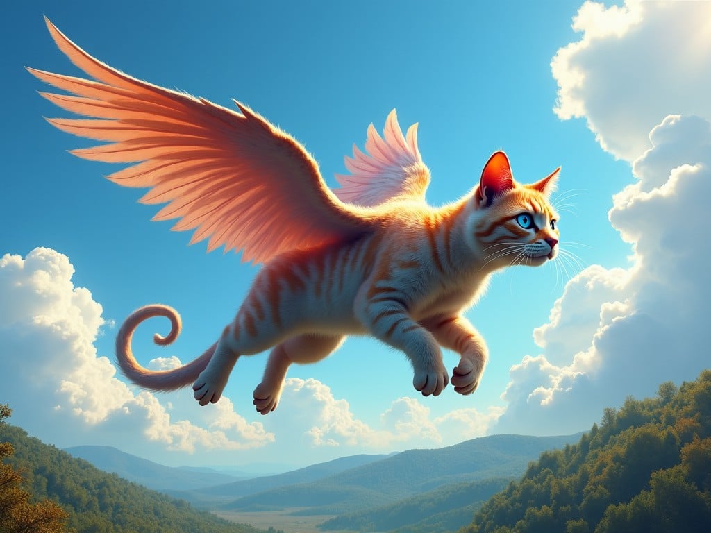 A whimsical digital illustration of a cat with wings soaring through a bright blue sky above a scenic landscape, surrounded by fluffy clouds.