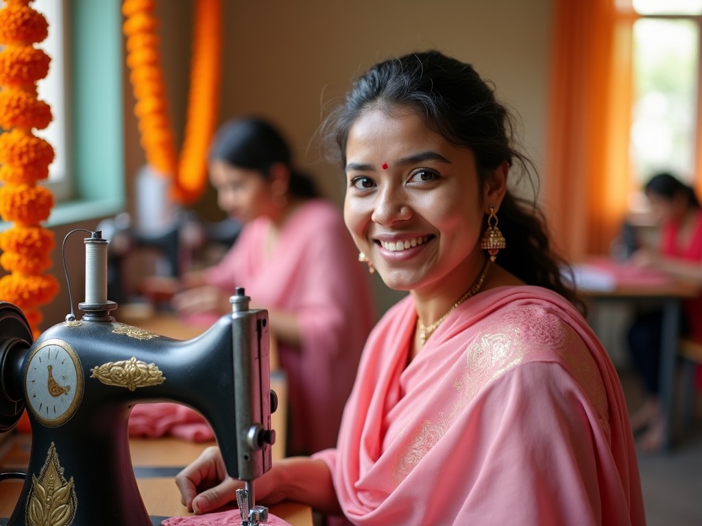 The image depicts a young woman sewing with a sewing machine in a bright, cheerful classroom. She is wearing a beautiful pink saree, smiling warmly at the camera. The classroom interior is decorated with marigold flowers, adding a festive touch to the atmosphere. Other women can be seen in the background, focusing on their sewing tasks. Natural light floods the room, highlighting the intricate details of the fabric and the sewing process.