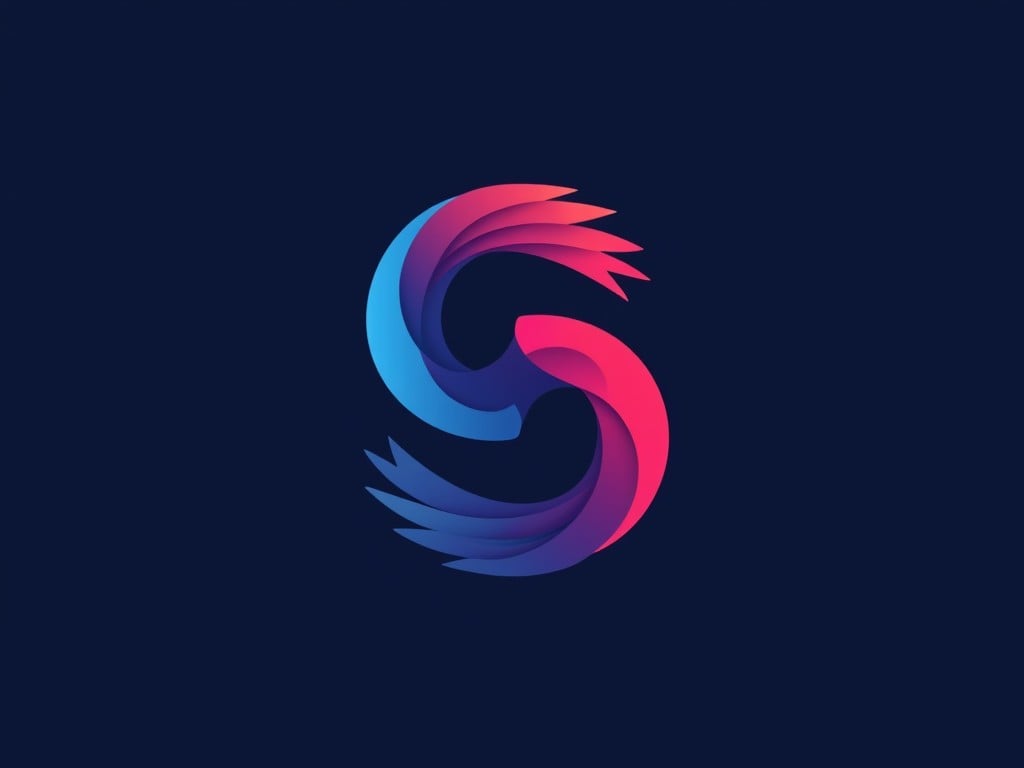 This image features a modern and abstract logo design characterized by the stylized letter 'S'. The logo utilizes a gradient color palette combining blue and pink shades. It consists of two sets of flowing shapes that interlock, suggesting movement and dynamism. The background is a deep navy color, allowing the vibrant logo to stand out. This design is suitable for technology-related companies or creative startups looking for a sleek and contemporary identity. The overall aesthetic is minimalist yet eye-catching, perfect for digital applications.