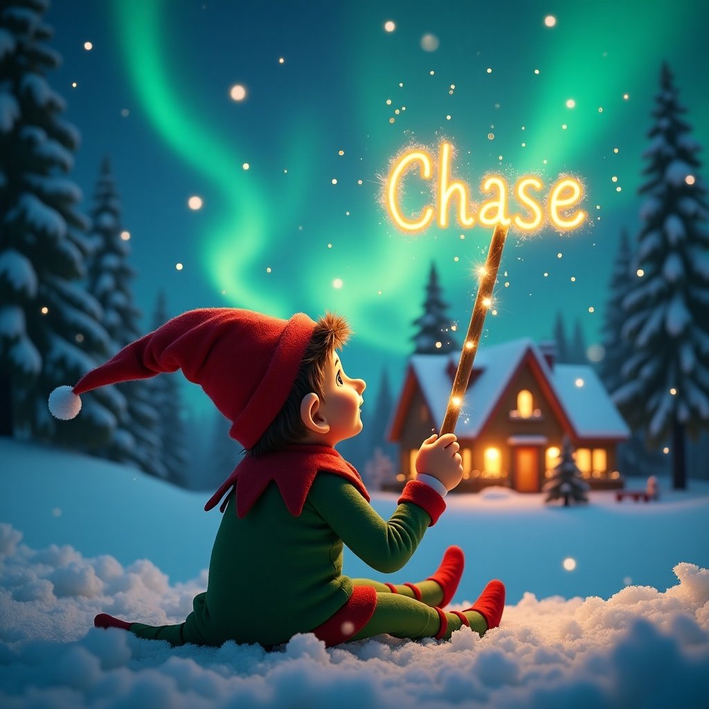 An elf sits in a snowy landscape, its back to the viewer while gazing up at the enchanting sky filled with northern lights. The elf holds a glowing wand that sparkles and emits lights, writing the name 'Chase' in the air. In the backdrop, a cozy house, adorned with holiday lights, adds warmth to the scene. The serene winter setting, complete with fresh snow and evergreen trees, captures the spirit of Christmas. The playful nature of the elf evokes a sense of holiday magic and wonder in the air.