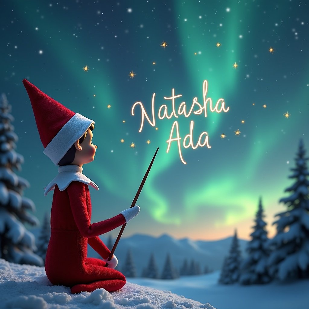 This image features an elf on the shelf with its back to the viewer, facing a magical winter night sky. The elf, in a classic red outfit, uses a wand to write the names 'Natasha' and 'Ada' in elegant script among the twinkling stars. The background showcases the breathtaking northern lights, adding a mystical glow to the scene. Snow-covered trees surround the elf, enhancing the winter atmosphere. In the distance, a silhouette of Santa can be seen, emphasizing the Christmas theme and joy.