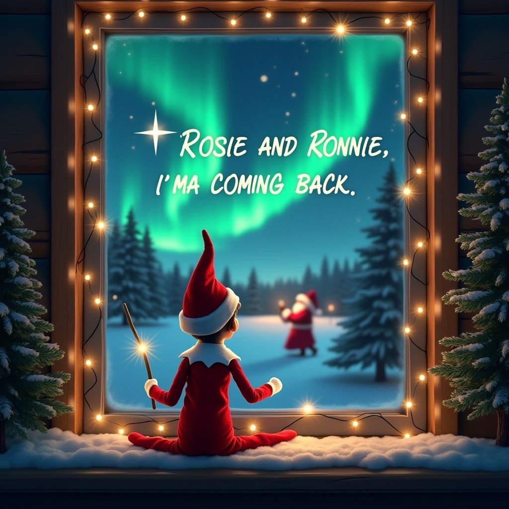 The scene portrays an adorable elf on the shelf who sits on a windowsill. He has his back turned to the viewer, gazing at the sky. In his hand, he holds a wand that appears to be casting magical light. Above him, the words 'Rosie and Ronnie, I’m coming back' are magically written in the air. The background is filled with magnificent northern lights, adding a mystical touch. Santa Claus can be seen in the distance, enhancing the charm of this Christmas scene. The window frame is decorated with twinkling lights, exuding warmth and festivity. Outside, snow blankets the ground, and evergreen trees provide a serene backdrop.