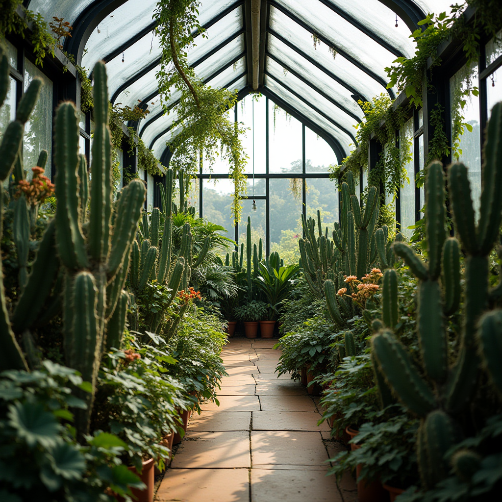 A sunlit greenhouse filled with lush green cacti and hanging plants.