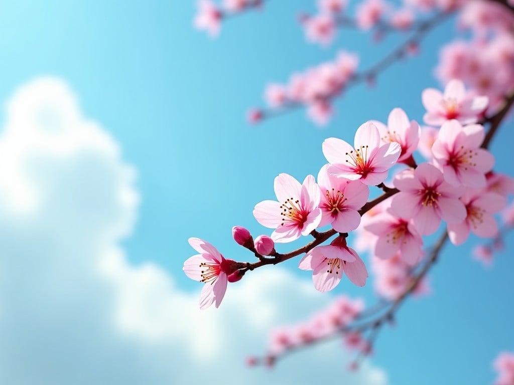 The image showcases a stunning branch of delicate pink cherry blossoms against a bright blue sky dotted with fluffy clouds. The blossoms are in full bloom, exuding a sense of freshness and tranquility. The soft colors and gentle lighting contribute to a calming and refreshing atmosphere, reminiscent of a peaceful spring day. This close-up captures the intricate details of the flowers, contrasting beautifully with the soft, blurred background. The overall scene brings a feeling of joy and rejuvenation.