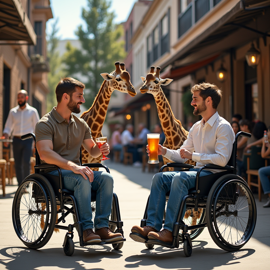 Two men in wheelchairs enjoy drinks at an outdoor café with two curious giraffes nearby.