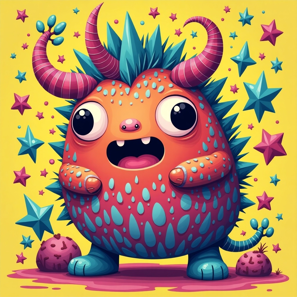 The image depicts a quirky, colorful monster standing against a bright yellow background. It has large eyes and a mouth open in surprise, showcasing its friendly yet silly nature. The monster features bright orange skin with turquoise spikes and playful horns, capturing a whimsical essence. Surrounding the monster are colorful stars and playful shapes that enhance the fun atmosphere. This design aims to invoke a sense of joy and creativity, appealing especially to a younger audience.