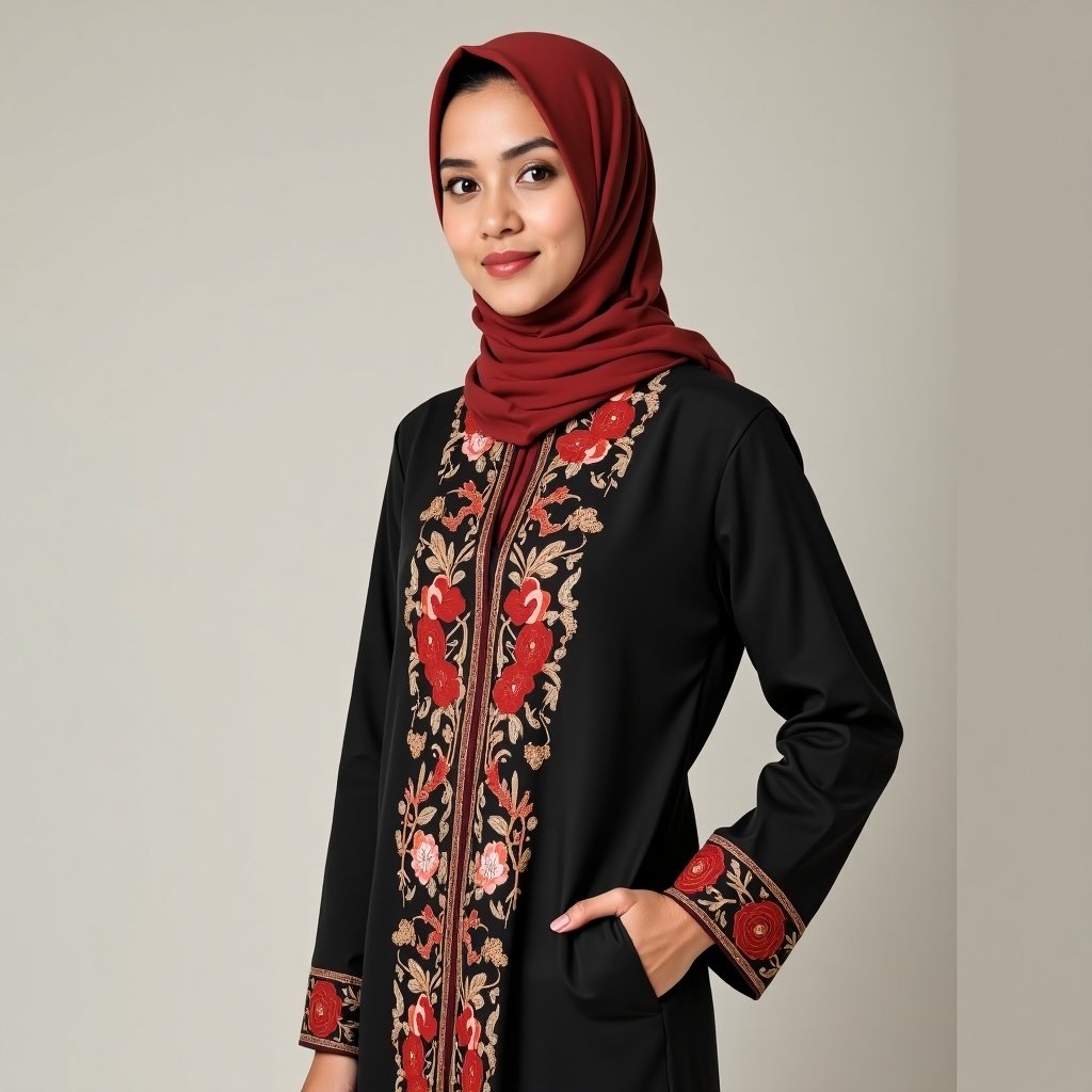 The image showcases a person dressed in traditional Malay attire, specifically a Baju Kurung, while wearing a hijab. The outfit is elegantly adorned with intricate floral patterns in vibrant red and gold set against a sleek black fabric. The individual is posed confidently against a neutral background, enhancing the visual appeal of the attire. Soft lighting complements the details of the garment and the elegance of the pose. This setting emphasizes cultural identity and traditional fashion, making it suitable for various applications in fashion and cultural representation.