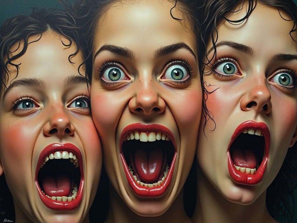 This image features three close-up faces, each with wide-open mouths as if shouting or expressing fear. Their eyes are large and wide, contributing to a feeling of intensity and urgency. Each face has distinct features, yet they share a common theme of emotional outburst. The background is dark, enhancing the vividness of their expressions. This artwork captures a surreal blend of realism and dramatic emotion, making it visually striking and thought-provoking.