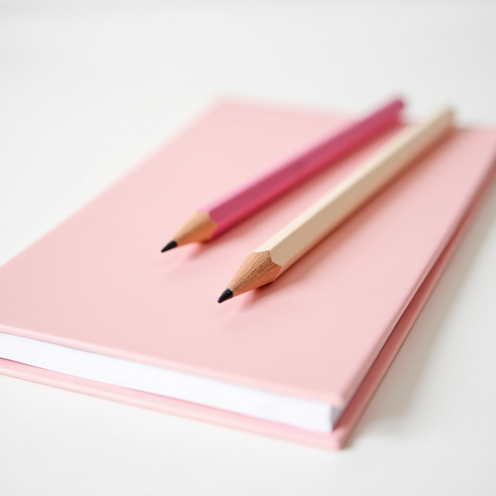 Two colorful pencils resting on a pastel pink notebook.