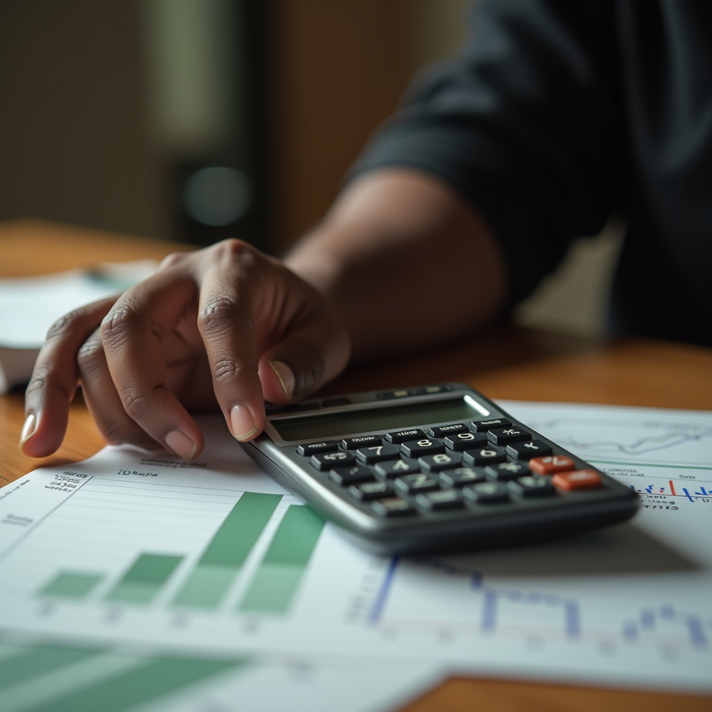 A person uses a calculator while analyzing financial charts on paper.