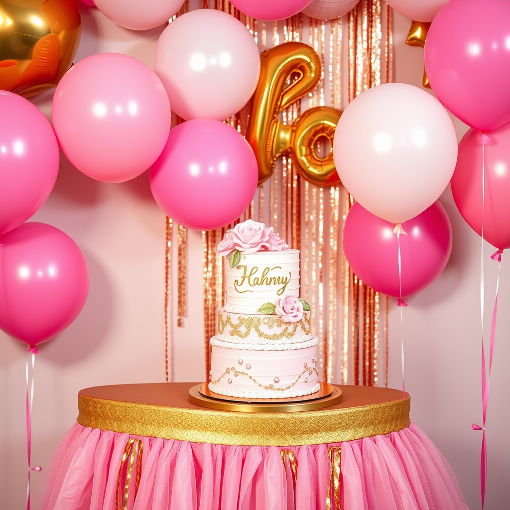 A beautifully decorated cake surrounded by pink and gold party balloons.