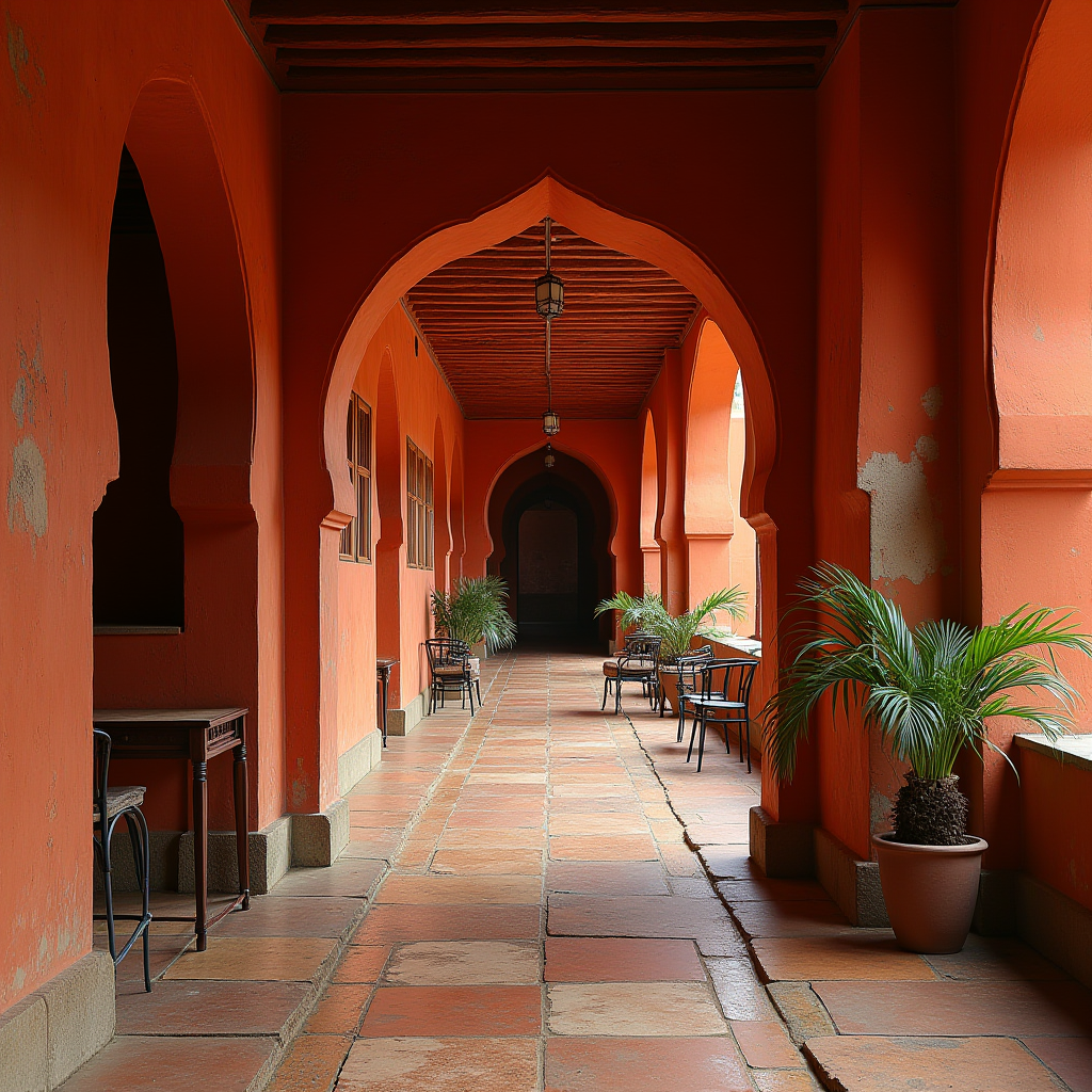 A colorful corridor with potted plants and arching doorways leading to a mysterious end.