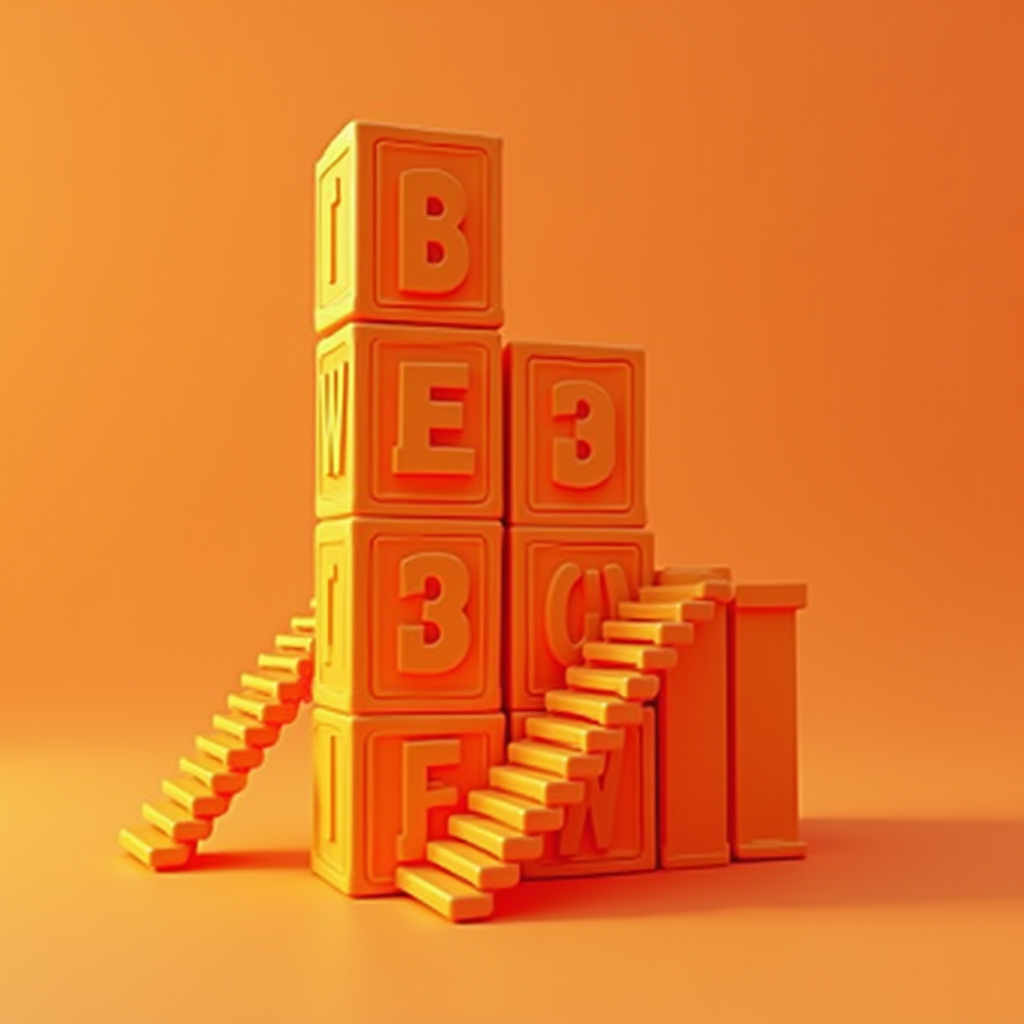 Lettered blocks with stairs are arranged creatively on an orange background.