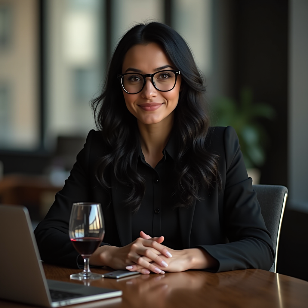 A confident woman in a business setting with a glass of wine and a laptop.