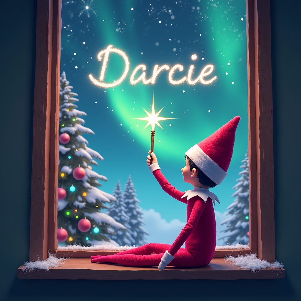 A whimsical scene featuring a pink elf on the shelf. The elf is sitting with his back to the viewer, facing a vibrant sky. He is using a magical wand to write the name 'Darcie' in sparkling letters in the sky. The background showcases a beautiful Christmas setting with glittering northern lights, towering pine trees adorned with ornaments, and a glimpse of Santa. The atmosphere is enchanting and festive, perfect for the holiday season.