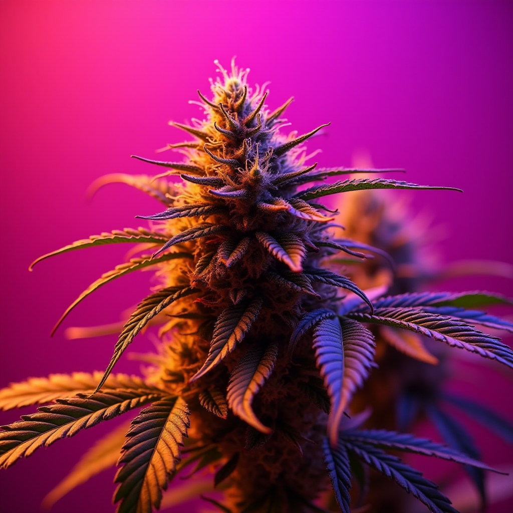 A cannabis plant bathed in vibrant pink and purple lighting, showcasing its lush green leaves and dense bud structure.