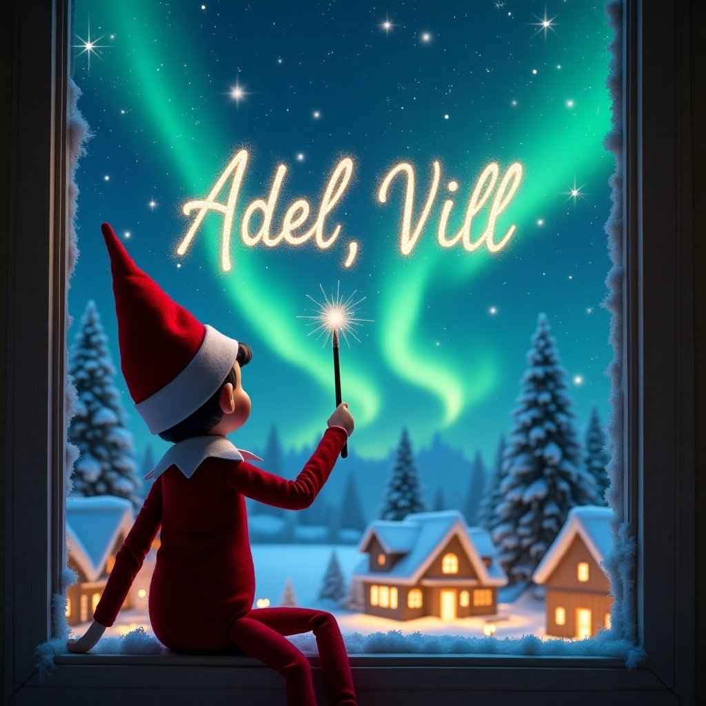 In this magical Christmas scene, an elf on the shelf is seen from behind, sitting on a window ledge and facing a breathtaking night sky. The elf is wearing a classic red outfit and a pointed hat. With a wand in hand, the elf is skillfully writing the name 'Adél', 'Villő' in the sparkling sky. The background is filled with beautiful northern lights and twinkling stars, creating a mesmerizing atmosphere. Below, quaint houses with warm lights dot the snowy landscape. This enchanting view captures the wonder and joy of the holiday season.