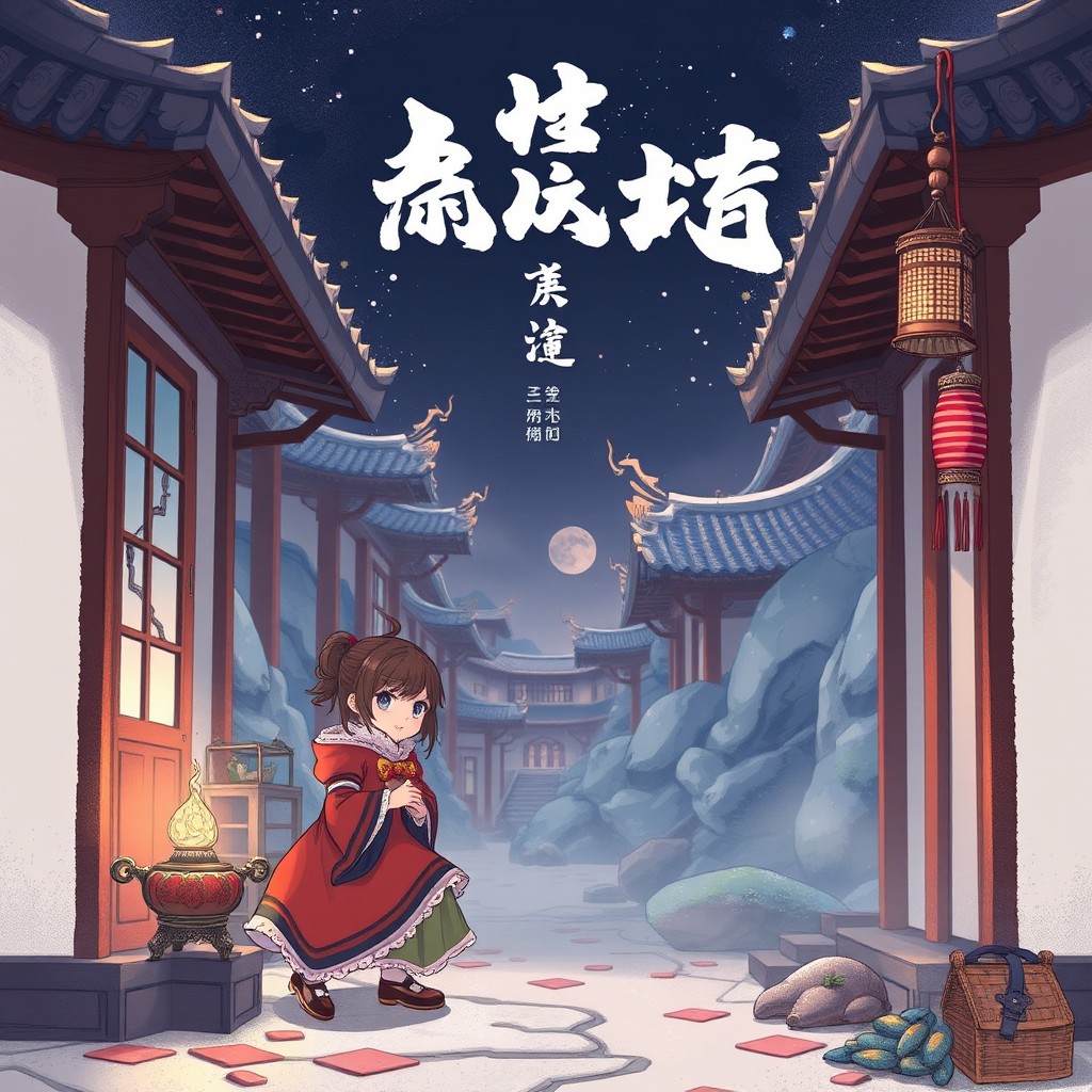 An anime-style character in a traditional courtyard under a starry night sky.