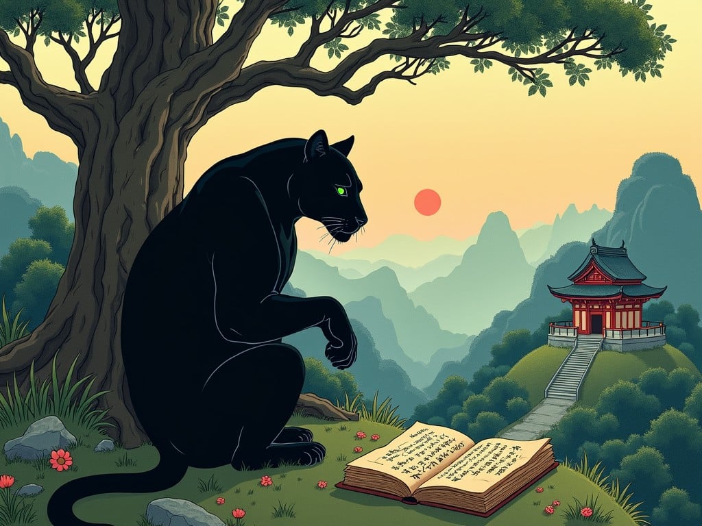 A black panther sits under a sprawling tree, intently gazing at an open book with mysterious script. In the distance, a traditional Asian temple set against a backdrop of lush green hills and a setting sun creates a serene and mystical atmosphere. The image blends nature with elements of wisdom and meditation.