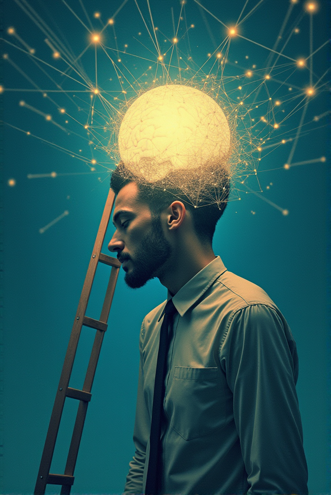 A man leans his head on a ladder, with a glowing network of neurons and synapses forming a brain above him, set against a teal background.