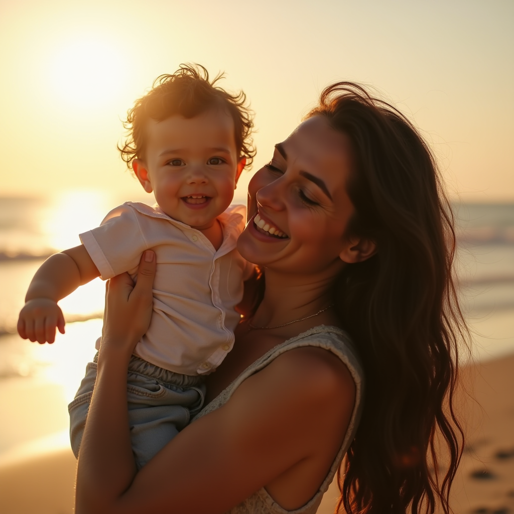 A mother joyfully holds her smiling child during a sunset at the beach.