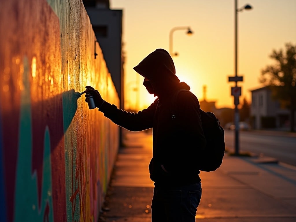 The image captures a silhouette of a person spray painting on a colorful graffiti wall during sunset. The vibrant colors of the wall contrast beautifully with the warm golden light of the setting sun. The individual is wearing a hood and a mask, adding an element of mystery and anonymity. The surrounding environment has an urban feel, with empty streets and streetlights in the background. This scene symbolizes creative expression and the culture of street art.