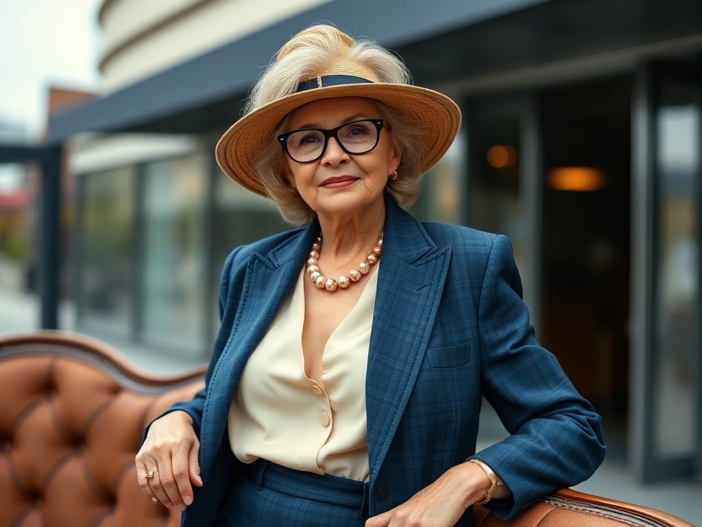 This image captures an elegant older woman poised confidently in a stylish blue suit and a straw hat. Her fashionable attire is complemented by a pearl necklace and sophisticated glasses, creating a timeless and chic appearance. The background, slightly blurred, suggests an urban setting, enhancing the focus on her dignified and assured demeanor.