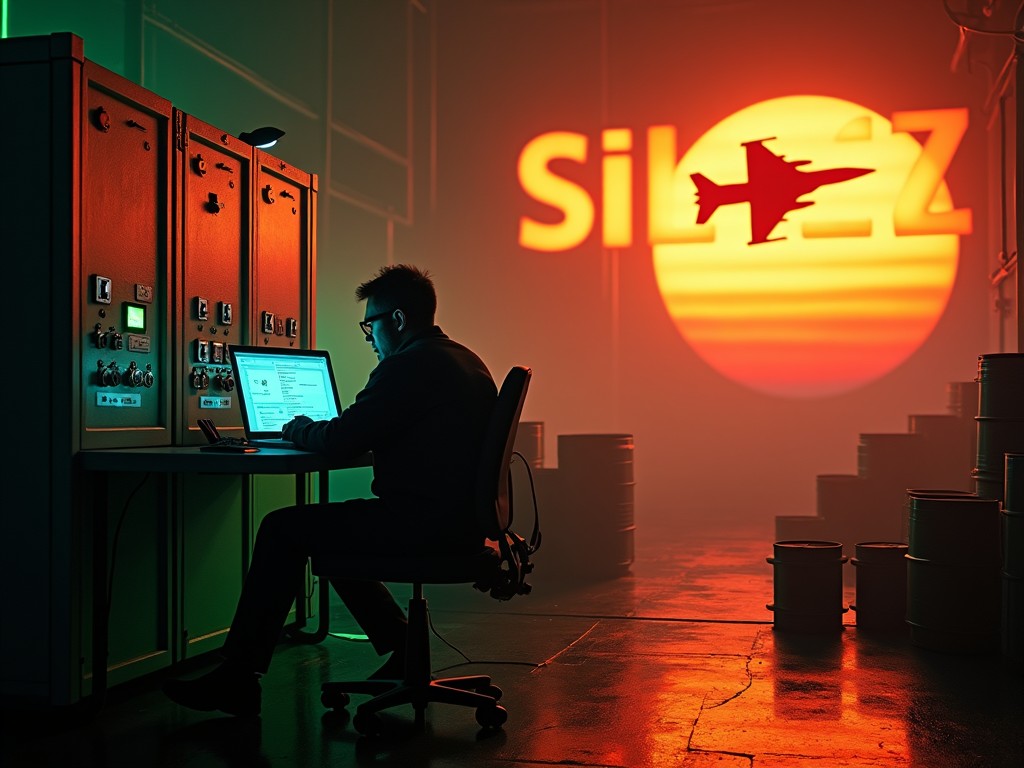 The image depicts an engineer in a dark lab, intently programming on a laptop that connects to a large control panel. The atmosphere is dramatic with a vivid orange sunset illuminating the scene. In the background, a fighter jet flies by, adding to the high-tech environment. Green laser beams cut through the darkness, and barrels can be seen in the distance. The words 'Silex 2 Rise of Brendan' are boldly displayed, enhancing the overall tech theme of the image.