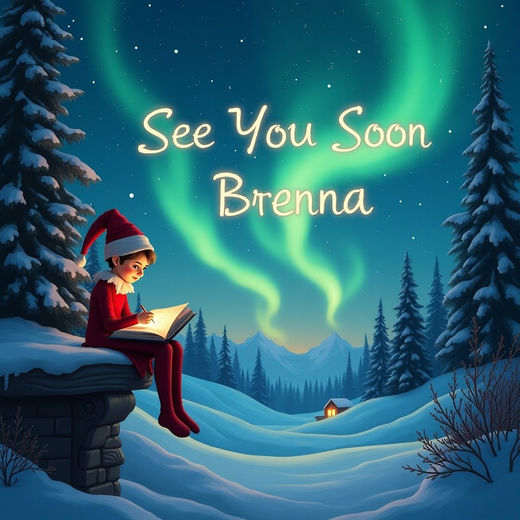 The image depicts an elf sitting in a wintry landscape, writing in a book. Above the elf, the northern lights illuminate the night sky. The elf is dressed in a traditional red costume and looks content as she writes, addressing someone named Brenna. The snowy terrain has evergreen trees and a distant cabin with warm light. This scene captures the magic of winter and the holiday spirit uniquely.