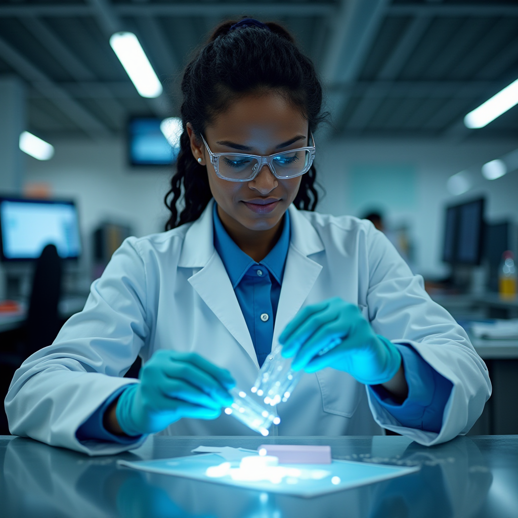 The image shows a scientist engaged in a laboratory setting, deeply focused on her work. She is wearing a white lab coat and clear protective goggles, emphasizing her role in research. Her hands are covered with blue gloves, and she is carefully handling scientific equipment. A soft glow of blue light emanates from the table, illuminating separate items on the surface, suggesting a possibly intricate experiment or analysis. The laboratory background is slightly blurred, highlighting the scientific focus on the subject. The atmosphere is one of concentration and innovation.