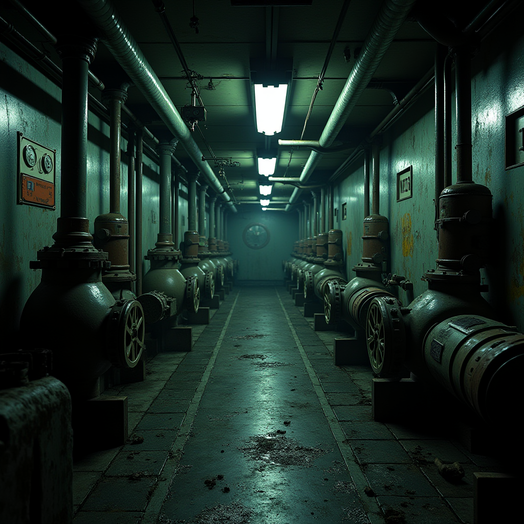 A dimly lit industrial corridor with pipes and machinery on both sides.