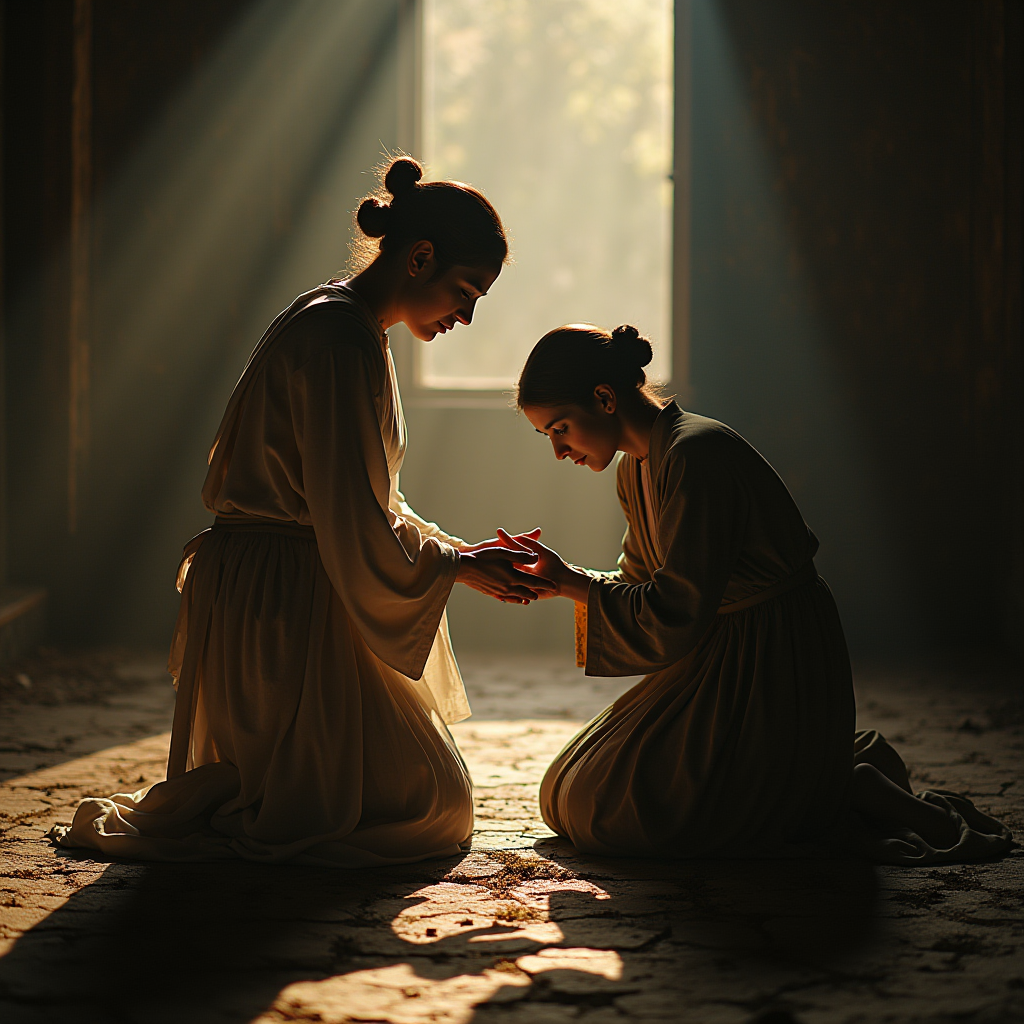 Two women in robes kneeling together in a sunlit room, sharing a moment of connection.