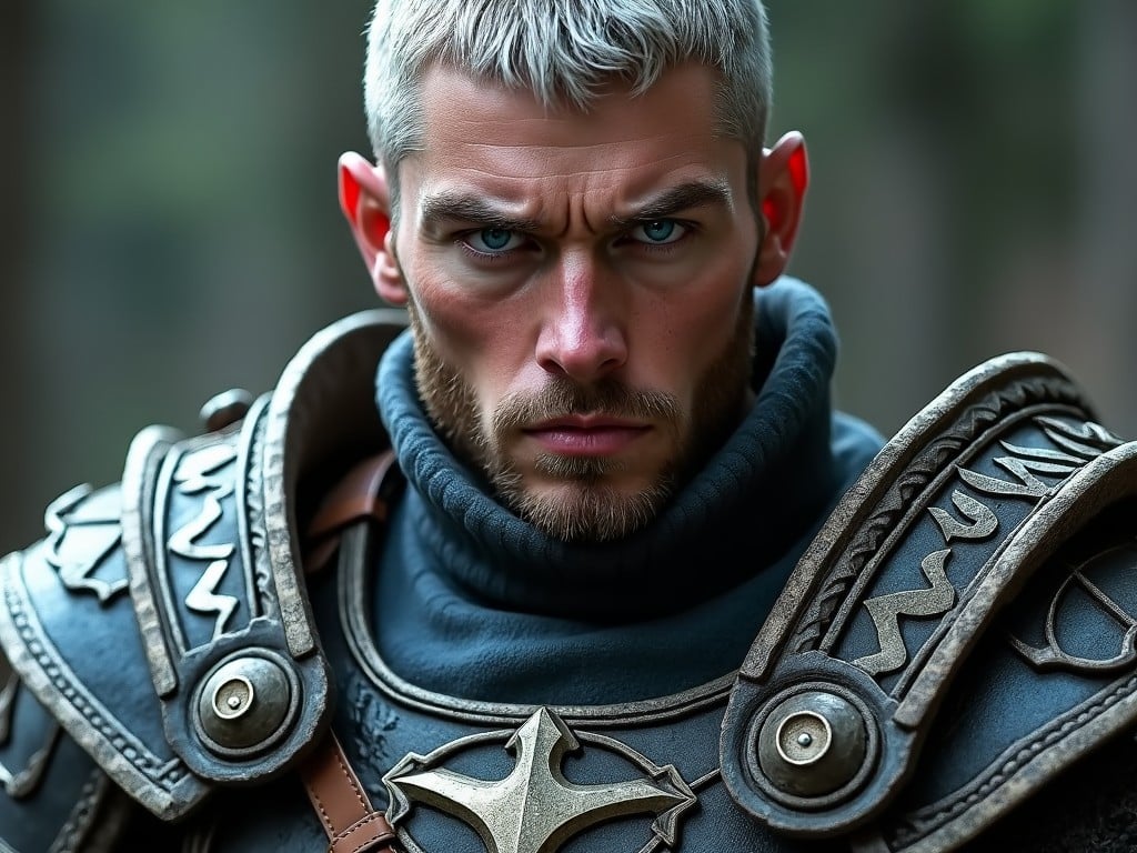 A fierce male warrior with intense blue eyes stands tall in intricate leather armor. His short hair complements his strong facial features. The armor is detailed, showcasing craftsmanship and strength. The warrior exudes confidence and focus, ready for battle or standing guard. The background is blurred, enhancing the intensity of his gaze and presence.