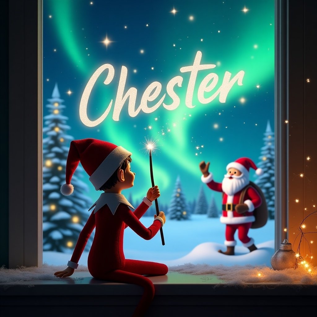 An elf on the shelf is seen from the back, sitting on a window sill with a magical wand in hand. He is writing the name 'Chester' in sparkling light against a beautiful night sky filled with northern lights. The scene outside is a winter wonderland, with snow-covered trees and Santa Claus waving cheerfully in the background. The elf is intently focused on his task, creating a magical atmosphere. This image captures the spirit of Christmas and the joy of holiday traditions.